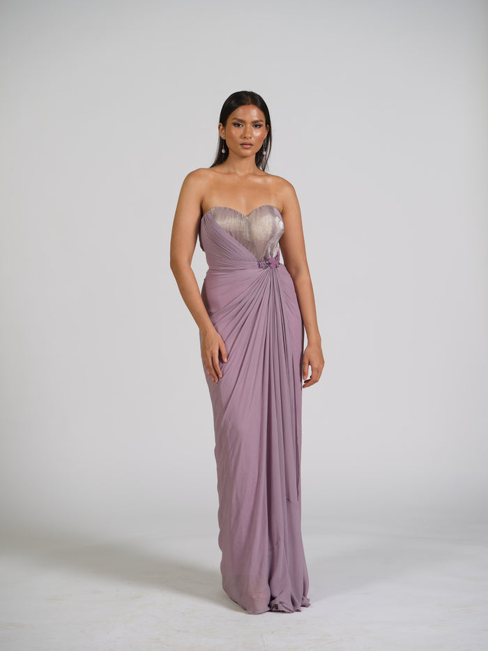 Zafar Lilac Drape Gown With Shimmer Bustier With Floral Applique Work