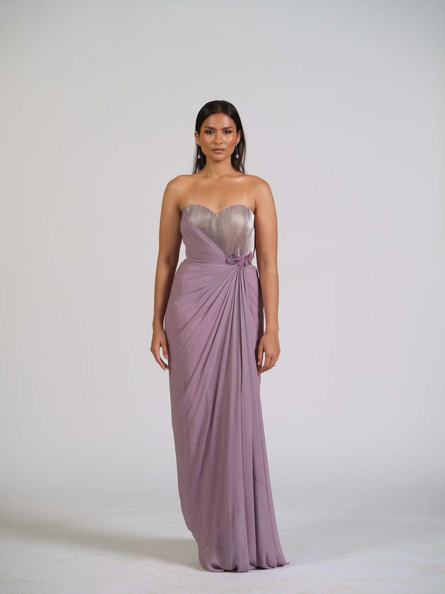 Zafar Lilac Drape Gown With Shimmer Bustier With Floral Applique Work