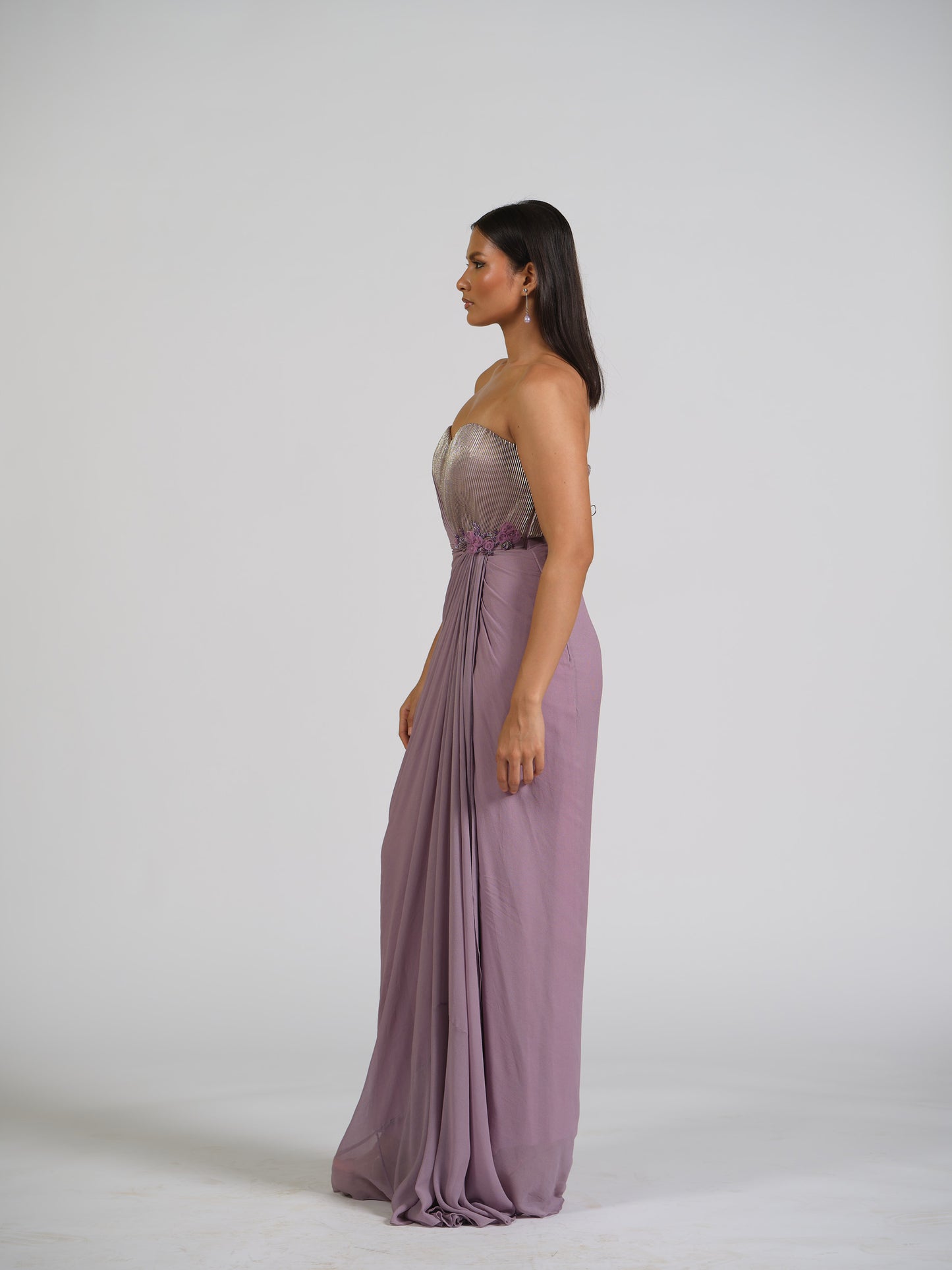 Zafar Lilac Drape Gown With Shimmer Bustier With Floral Applique Work
