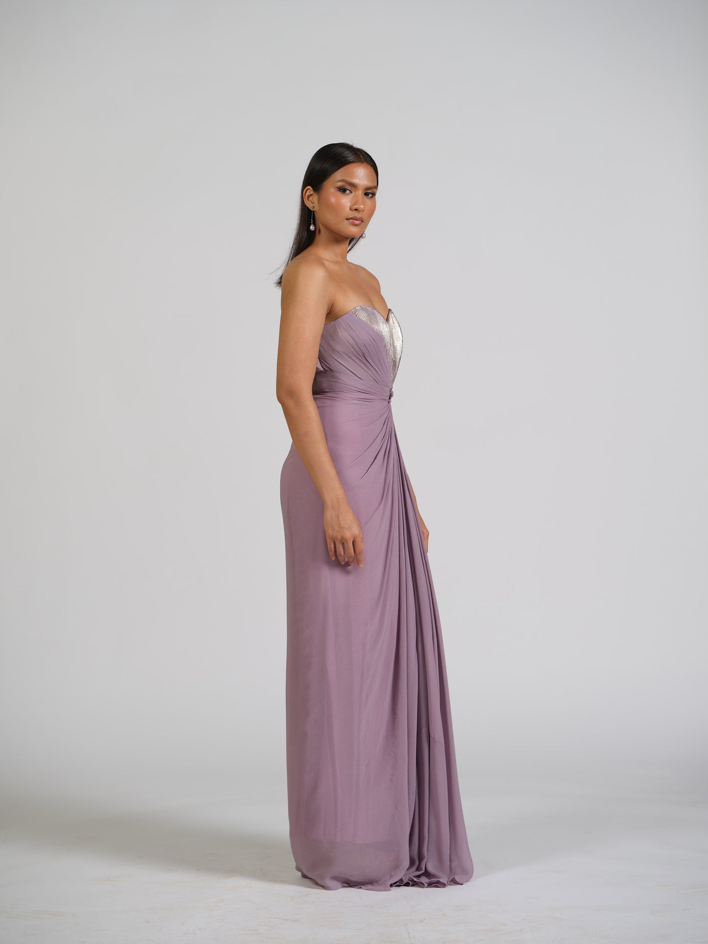 Zafar Lilac Drape Gown With Shimmer Bustier With Floral Applique Work