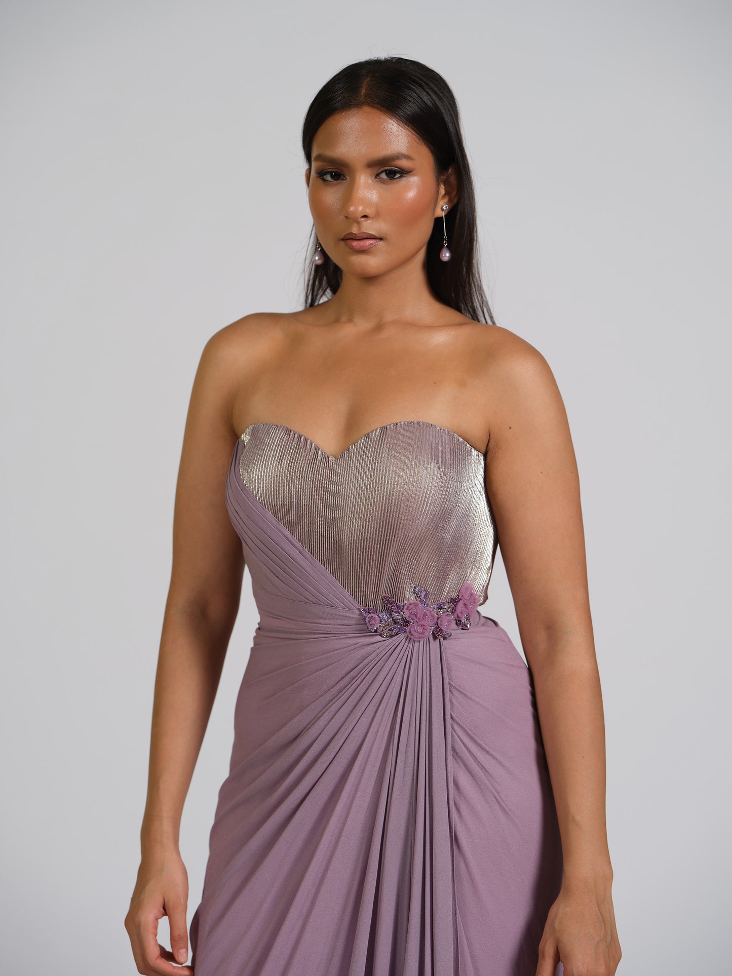Zafar Lilac Drape Gown With Shimmer Bustier With Floral Applique Work