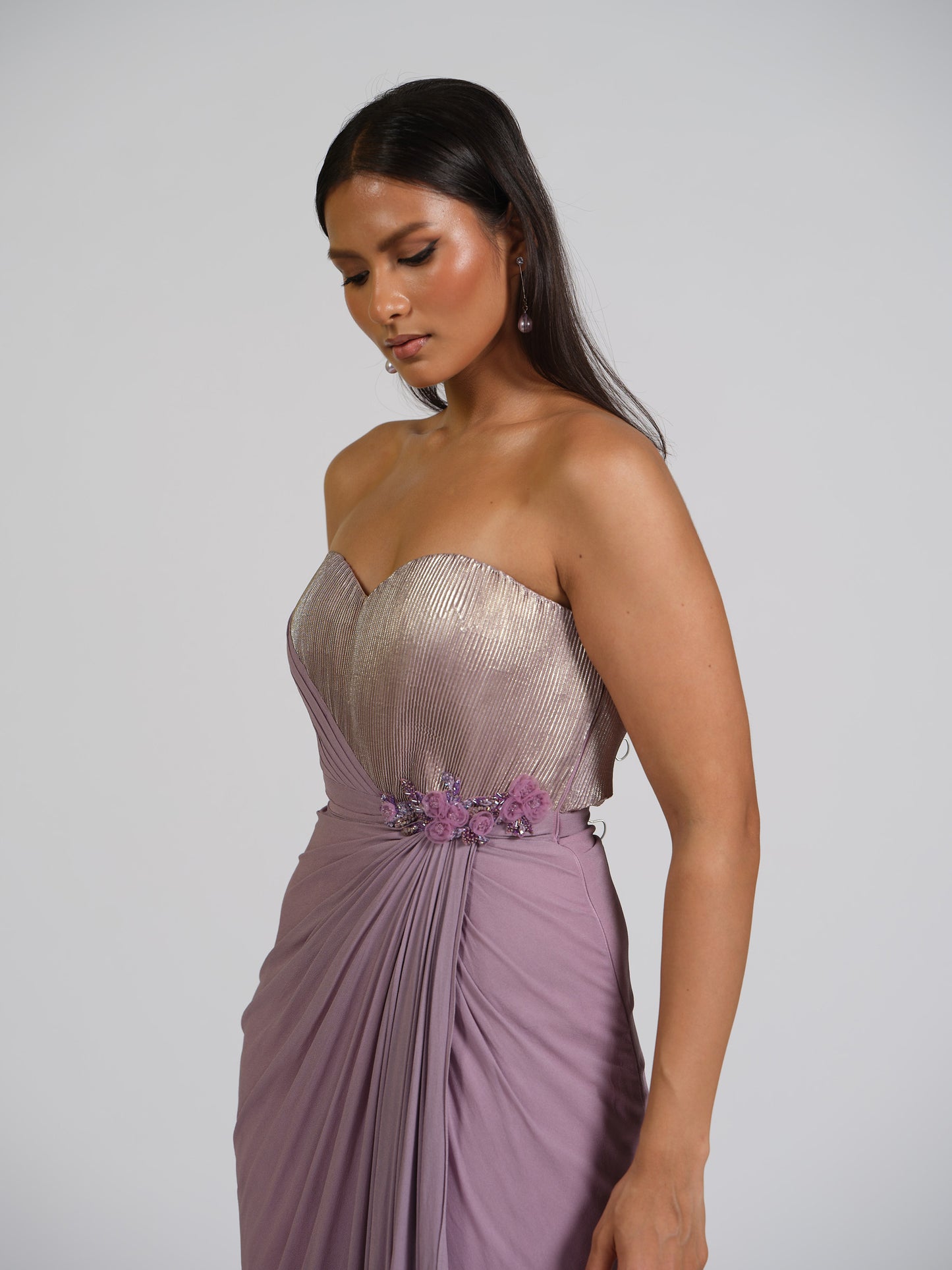 Zafar Lilac Drape Gown With Shimmer Bustier With Floral Applique Work