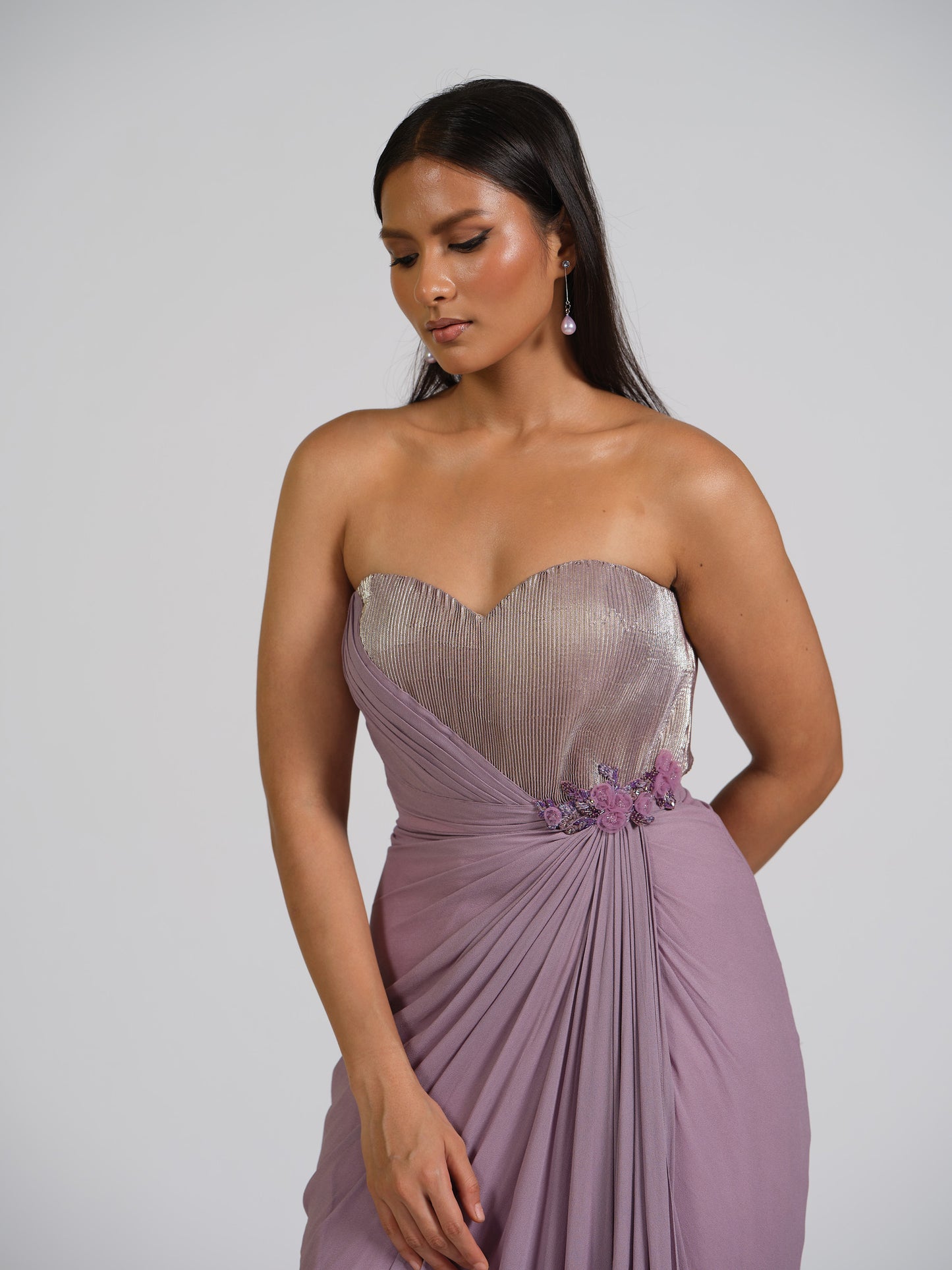 Zafar Lilac Drape Gown With Shimmer Bustier With Floral Applique Work