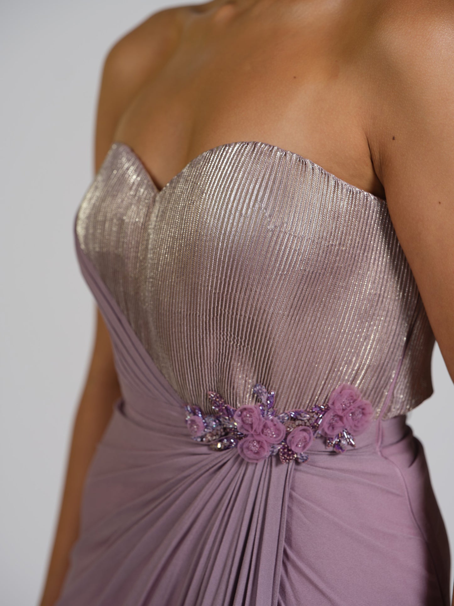Zafar Lilac Drape Gown With Shimmer Bustier With Floral Applique Work