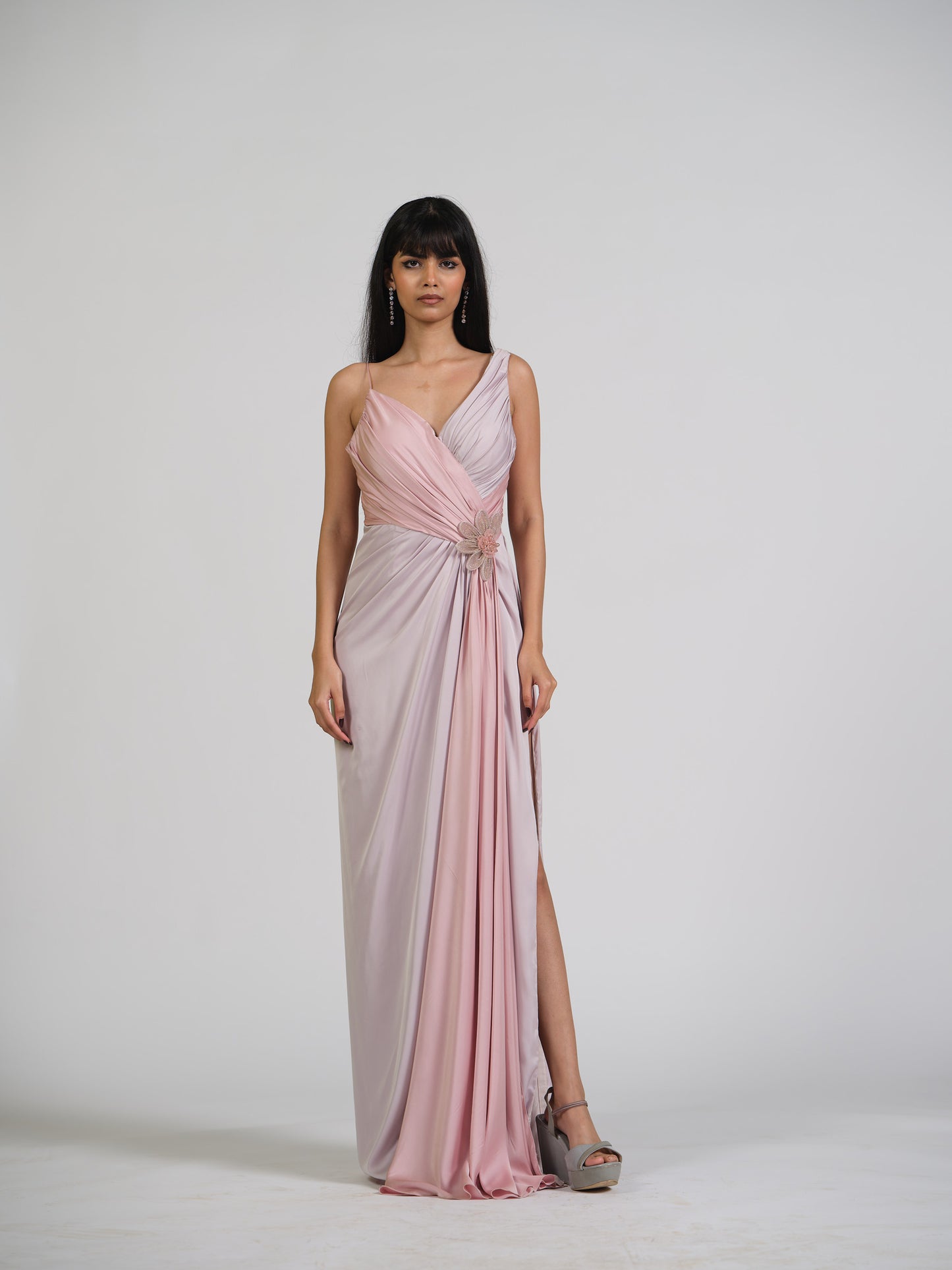 Crystal Zoup V Neck Drape Gown With Structured Net Applique Flower Embroidery With Back Zip