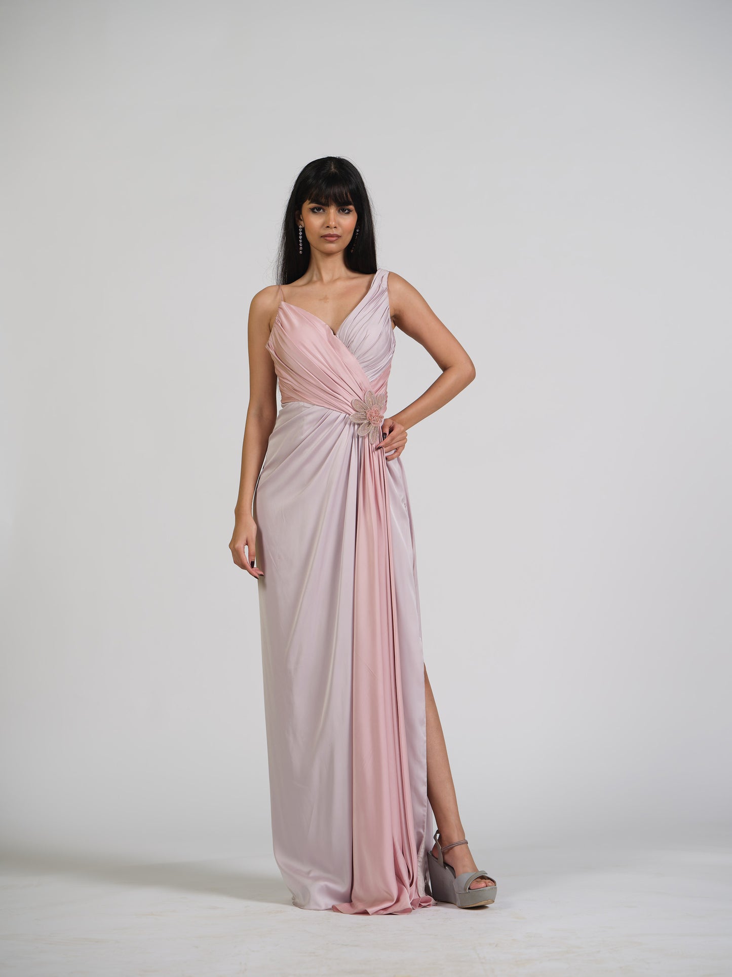 Crystal Zoup V Neck Drape Gown With Structured Net Applique Flower Embroidery With Back Zip