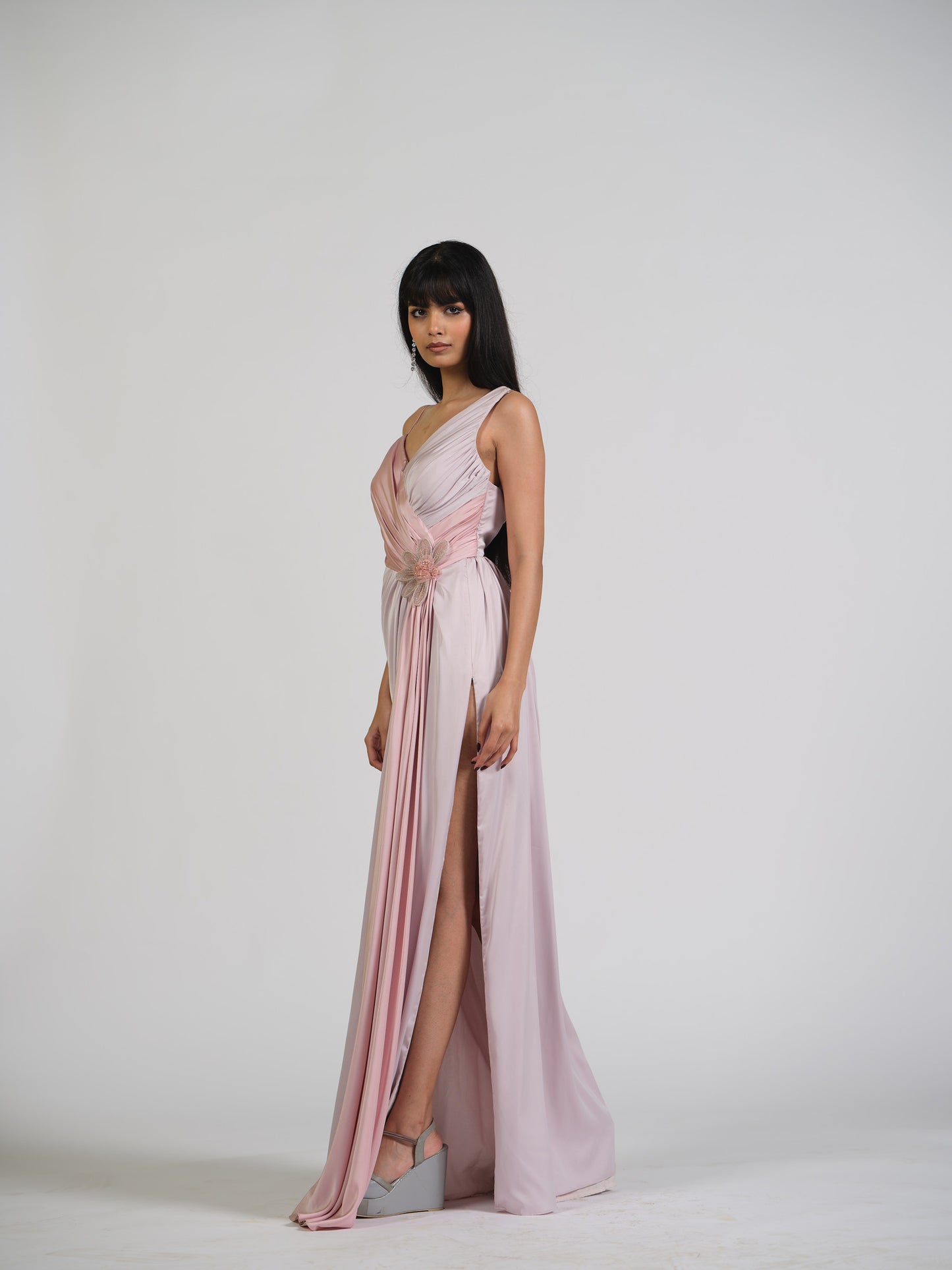 Crystal Zoup V Neck Drape Gown With Structured Net Applique Flower Embroidery With Back Zip
