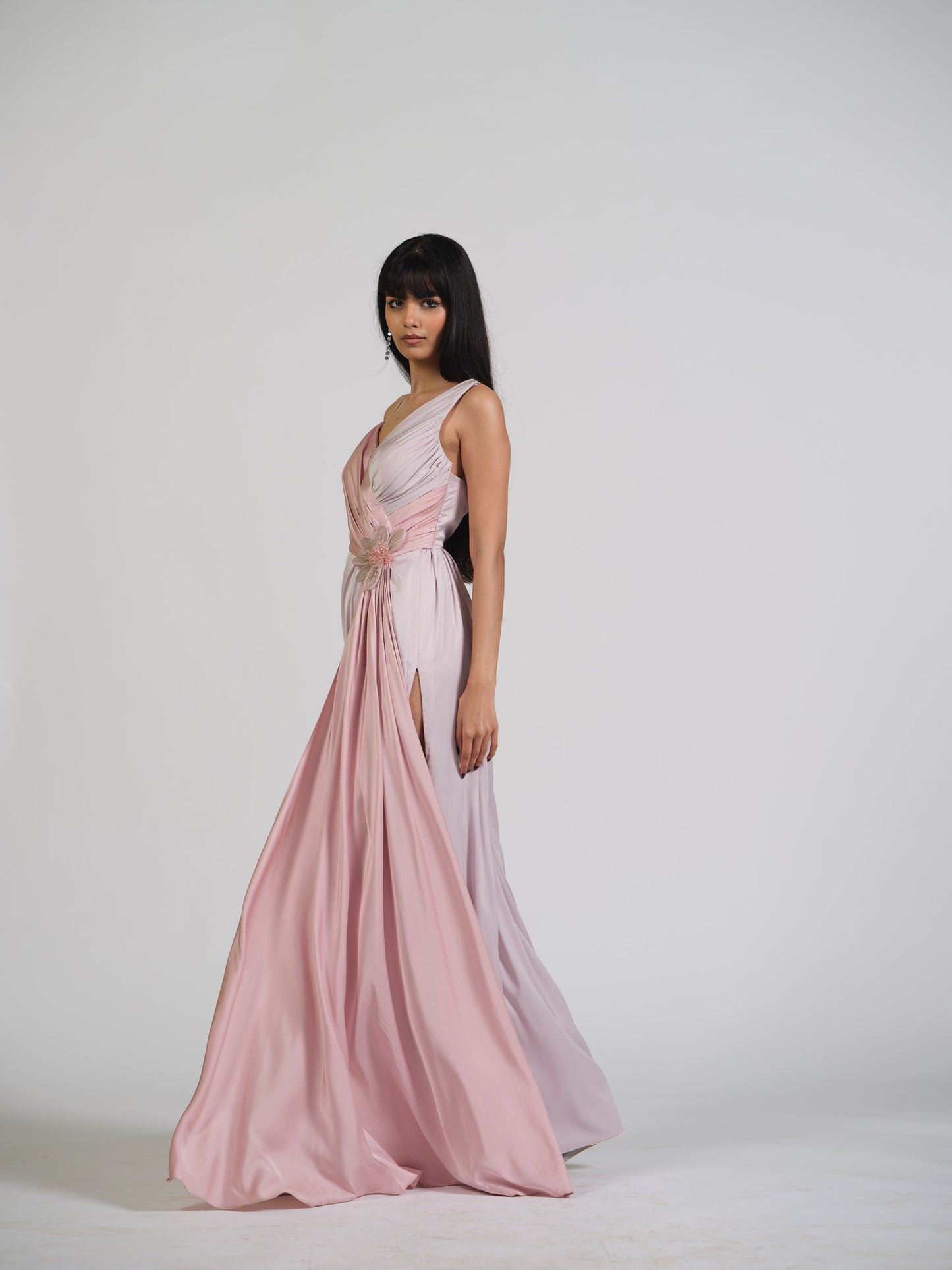 Crystal Zoup V Neck Drape Gown With Structured Net Applique Flower Embroidery With Back Zip
