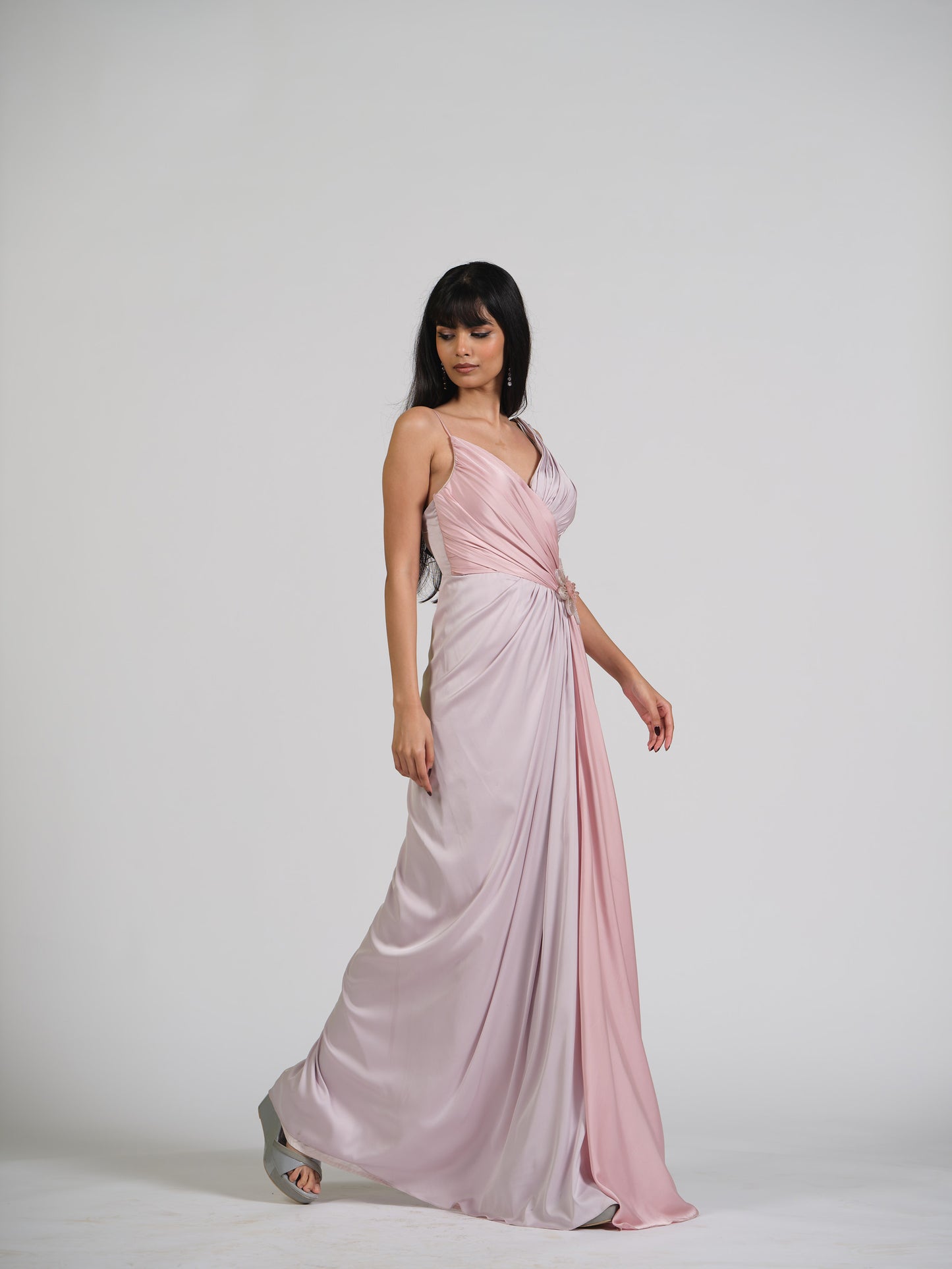 Crystal Zoup V Neck Drape Gown With Structured Net Applique Flower Embroidery With Back Zip