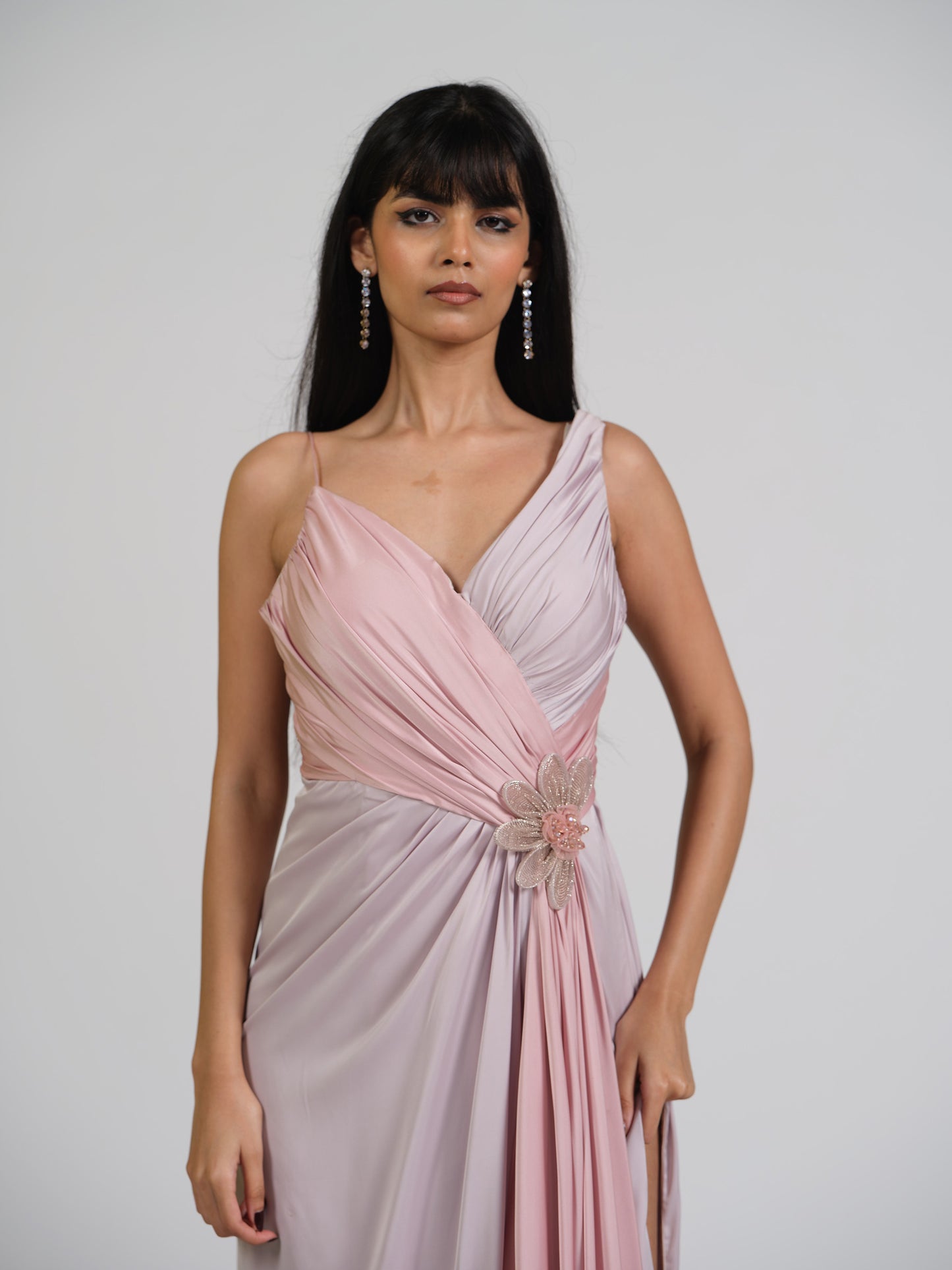 Crystal Zoup V Neck Drape Gown With Structured Net Applique Flower Embroidery With Back Zip