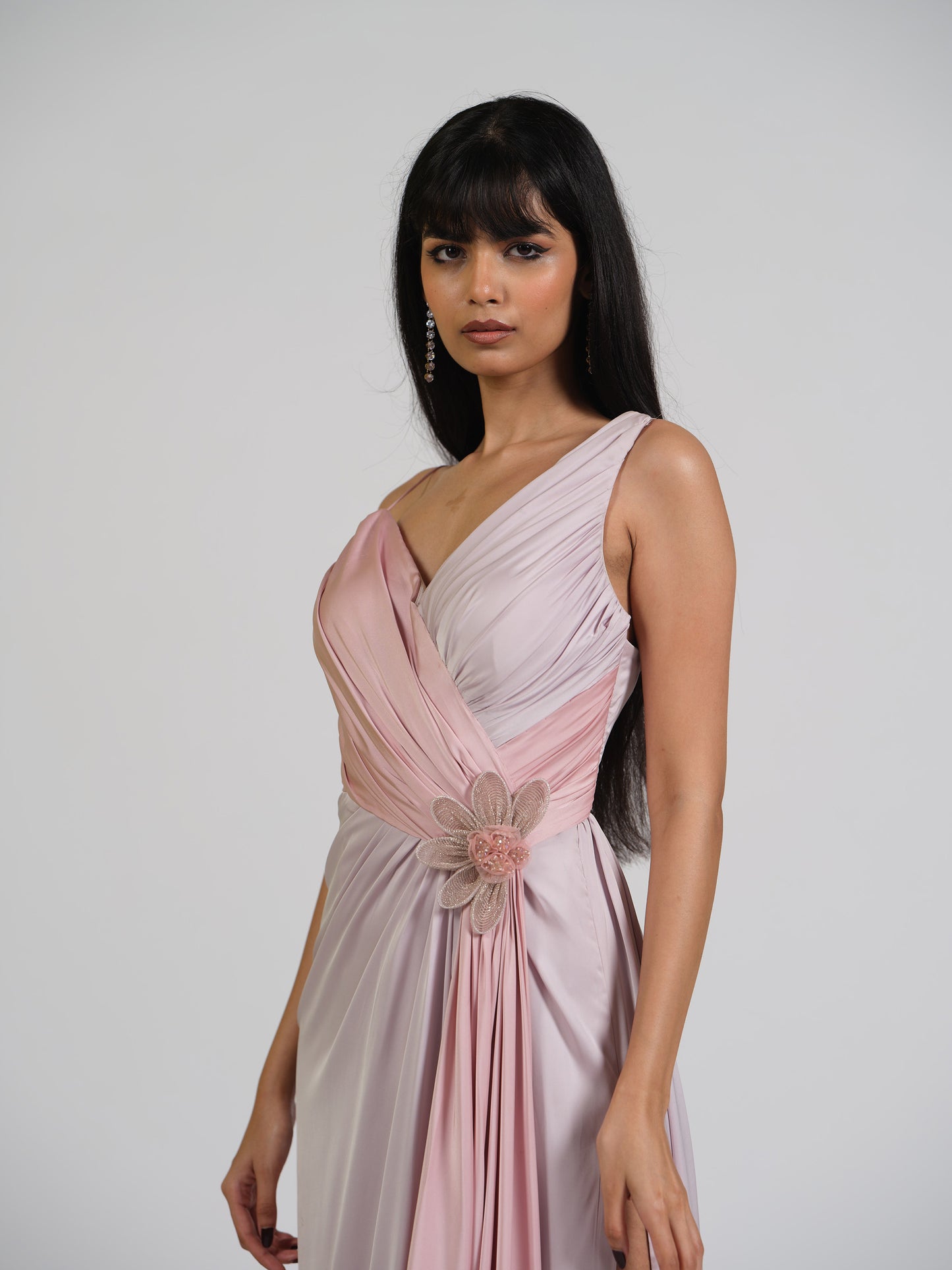 Crystal Zoup V Neck Drape Gown With Structured Net Applique Flower Embroidery With Back Zip