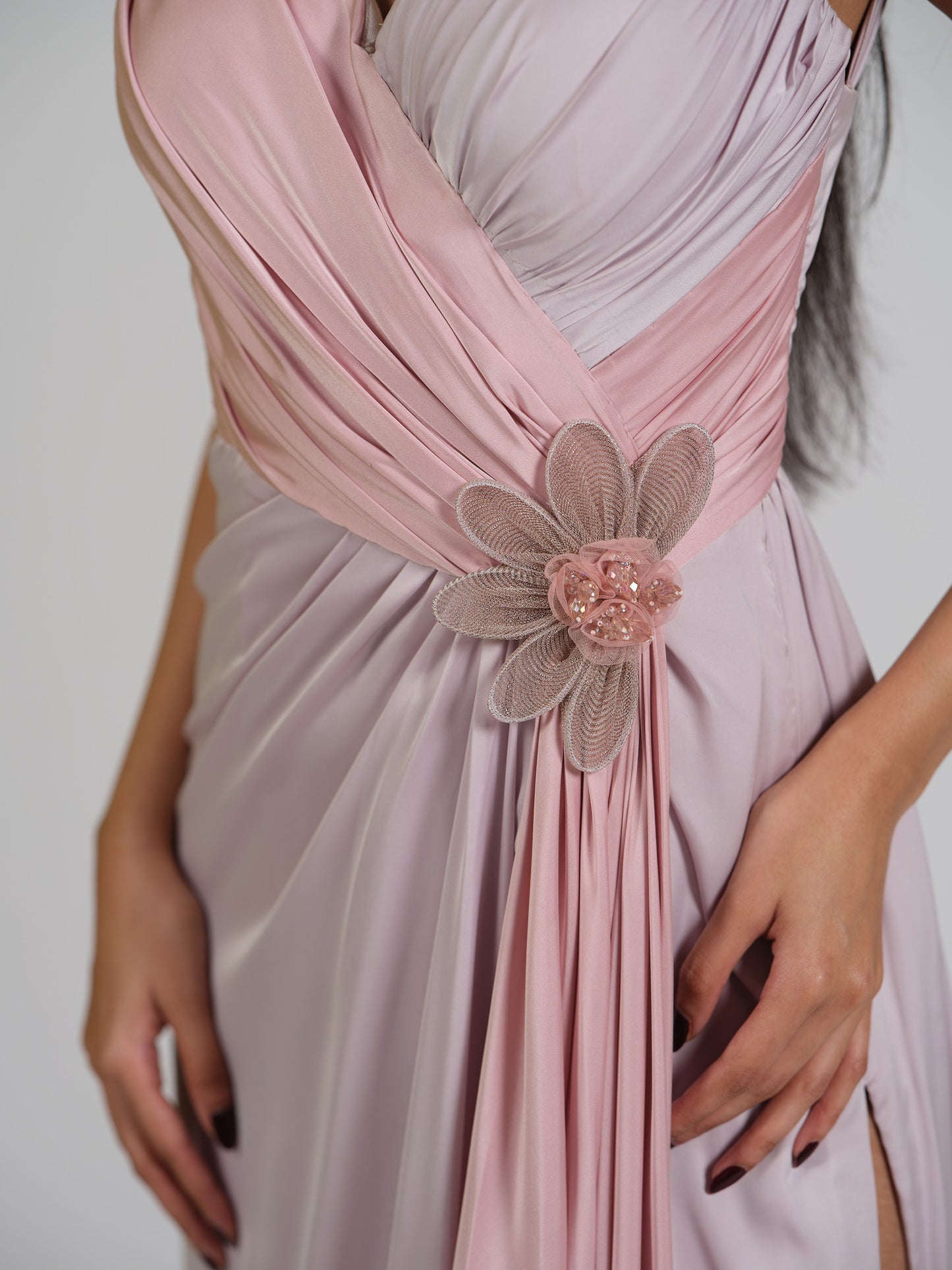 Crystal Zoup V Neck Drape Gown With Structured Net Applique Flower Embroidery With Back Zip