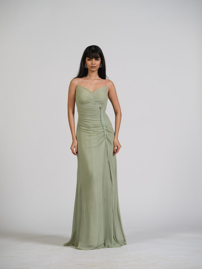 Zuan Drape Waist Gather Gown With Falling Crystals On Waist