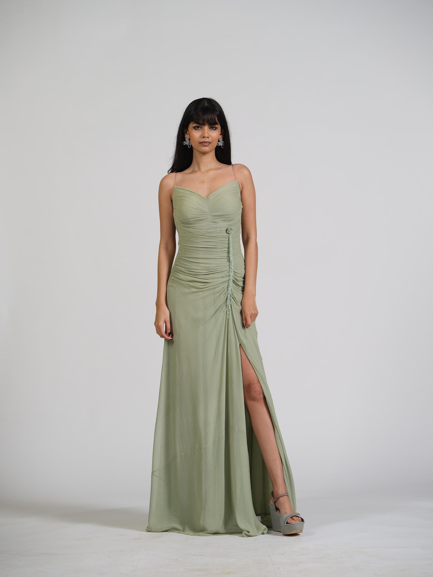 Zuan Drape Waist Gather Gown With Falling Crystals On Waist