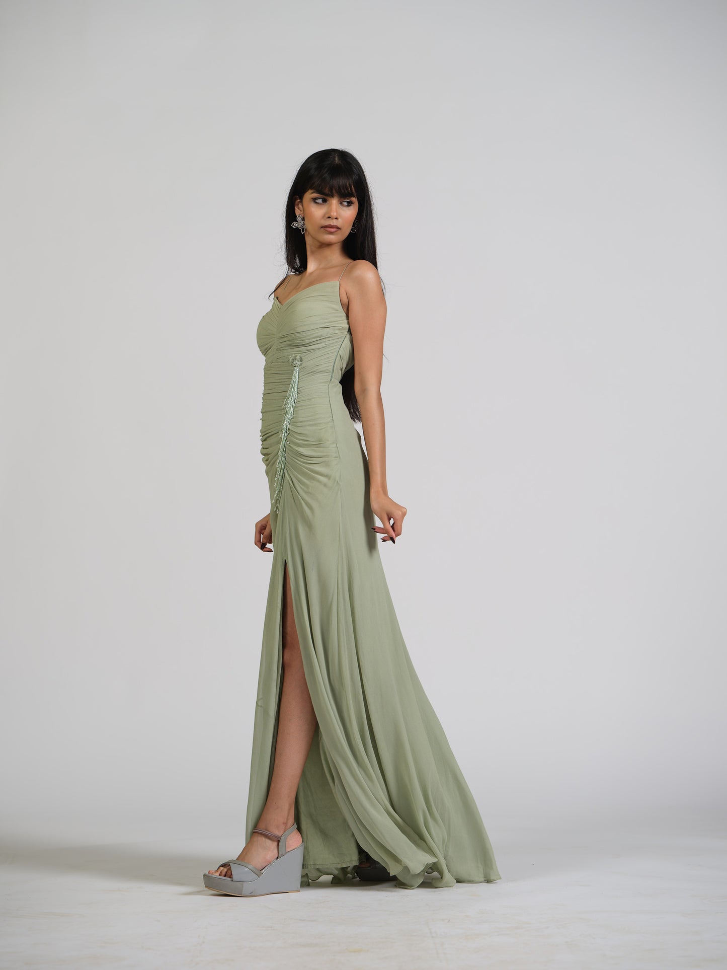 Zuan Drape Waist Gather Gown With Falling Crystals On Waist
