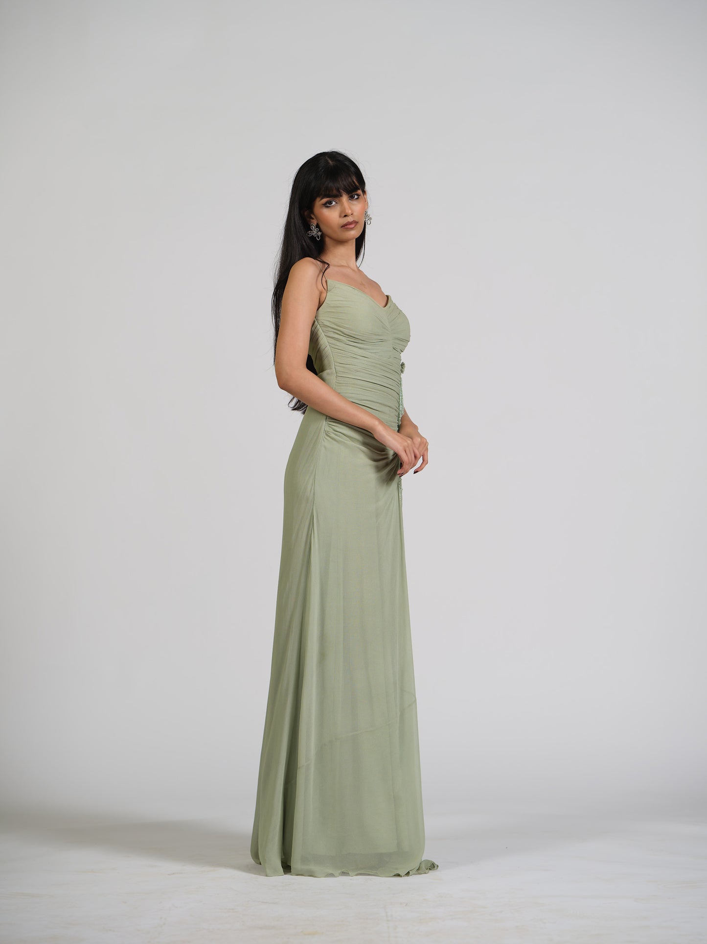 Zuan Drape Waist Gather Gown With Falling Crystals On Waist