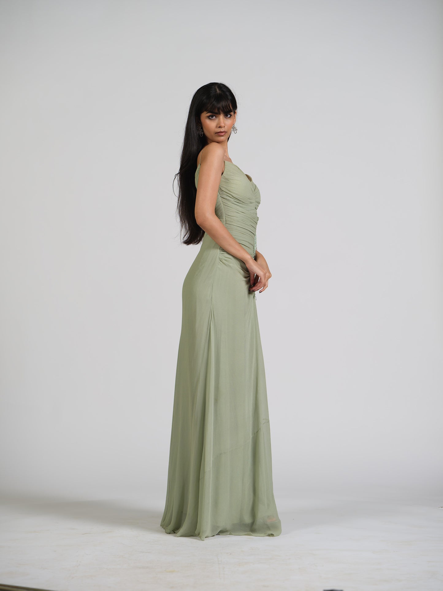 Zuan Drape Waist Gather Gown With Falling Crystals On Waist