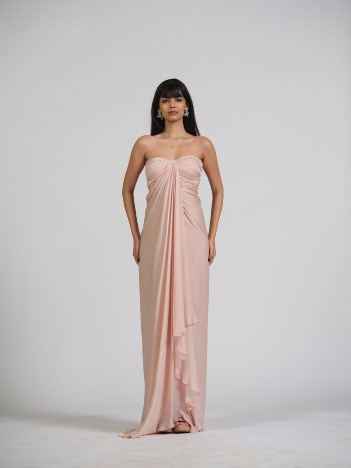 Bloom Blush Tube Drape Gown With Center Falling Drape With Back Zip