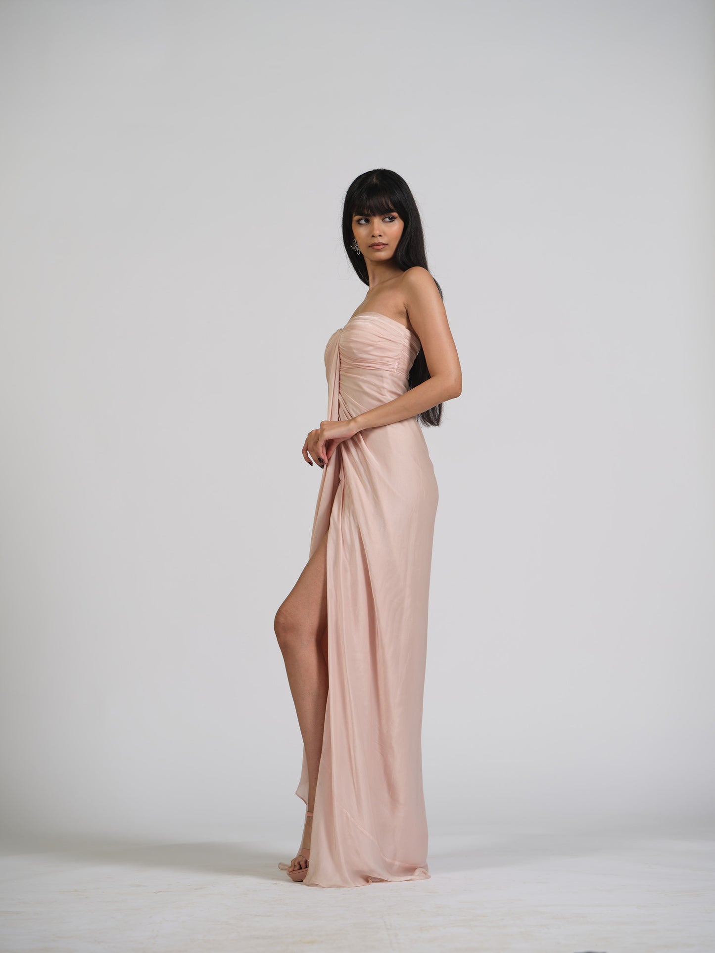 Bloom Blush Tube Drape Gown With Center Falling Drape With Back Zip