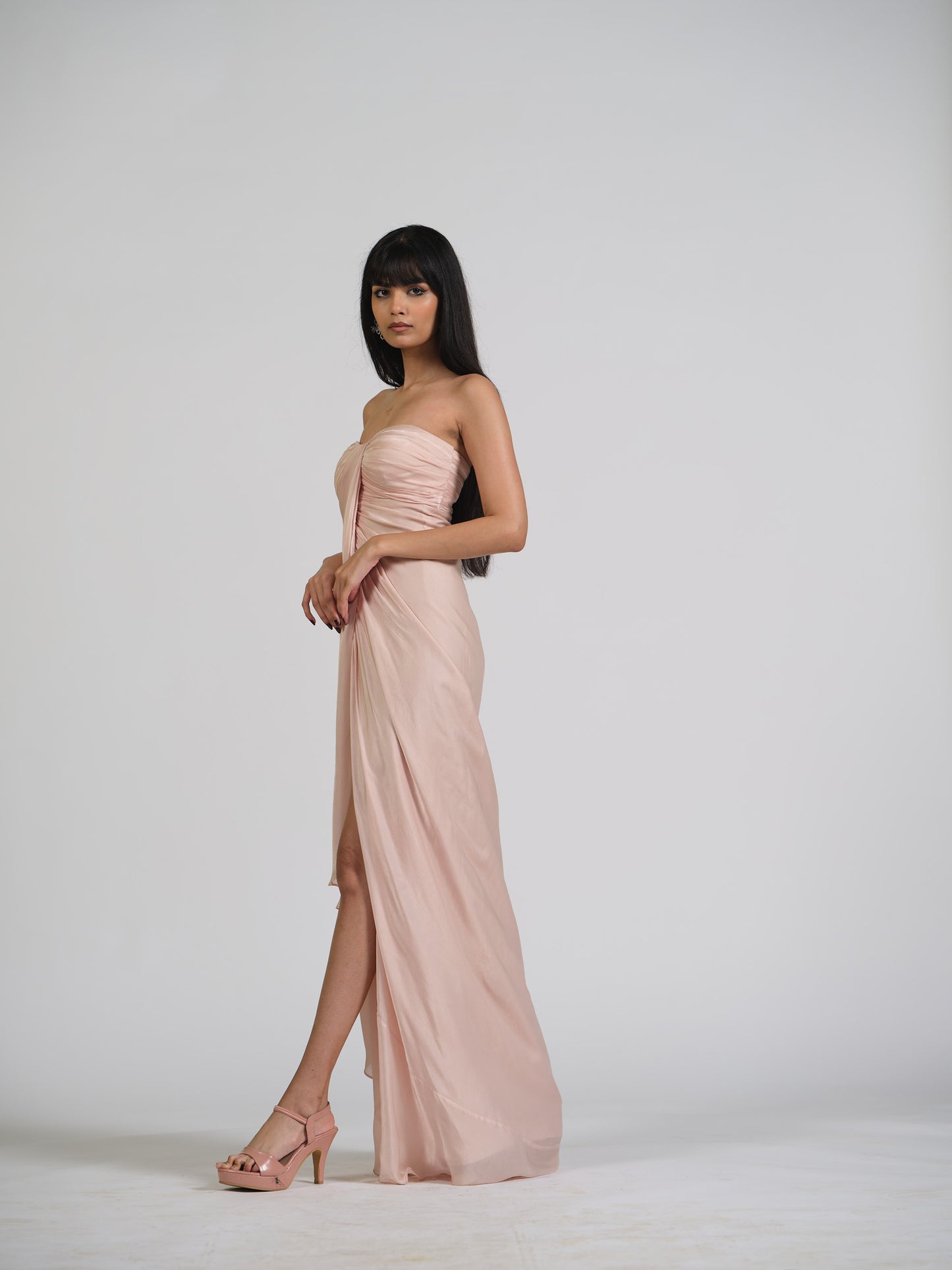 Bloom Blush Tube Drape Gown With Center Falling Drape With Back Zip