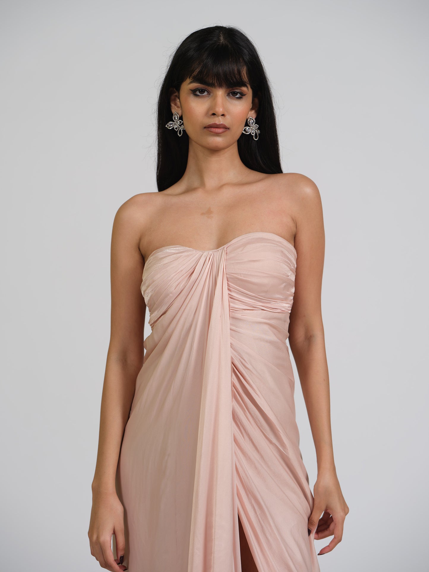 Bloom Blush Tube Drape Gown With Center Falling Drape With Back Zip