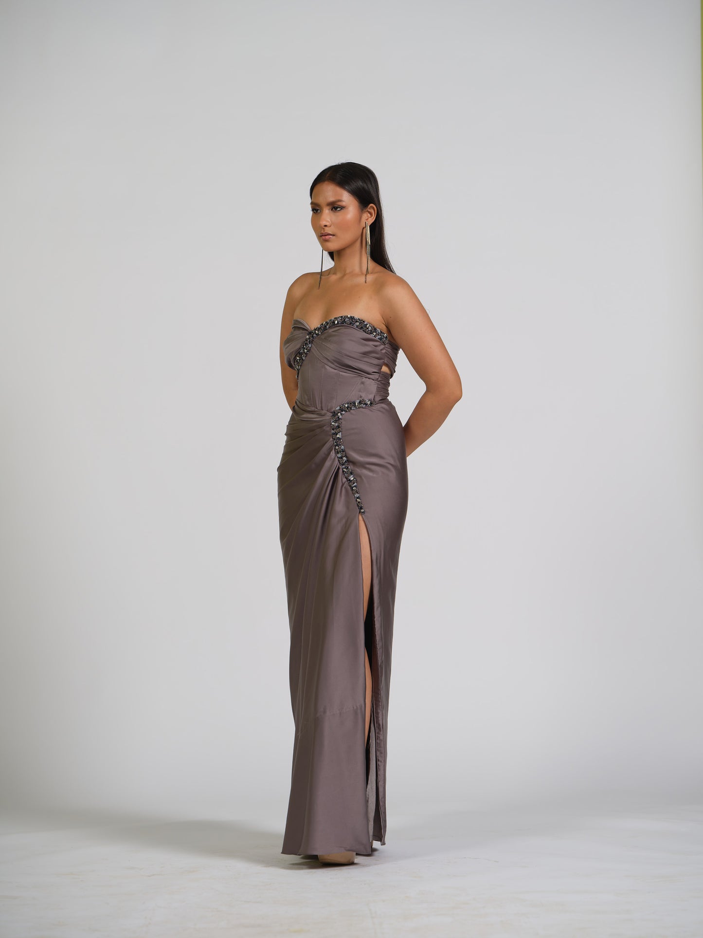 Sasha Corset Tube Crystal Embellished Gown With Side Drape