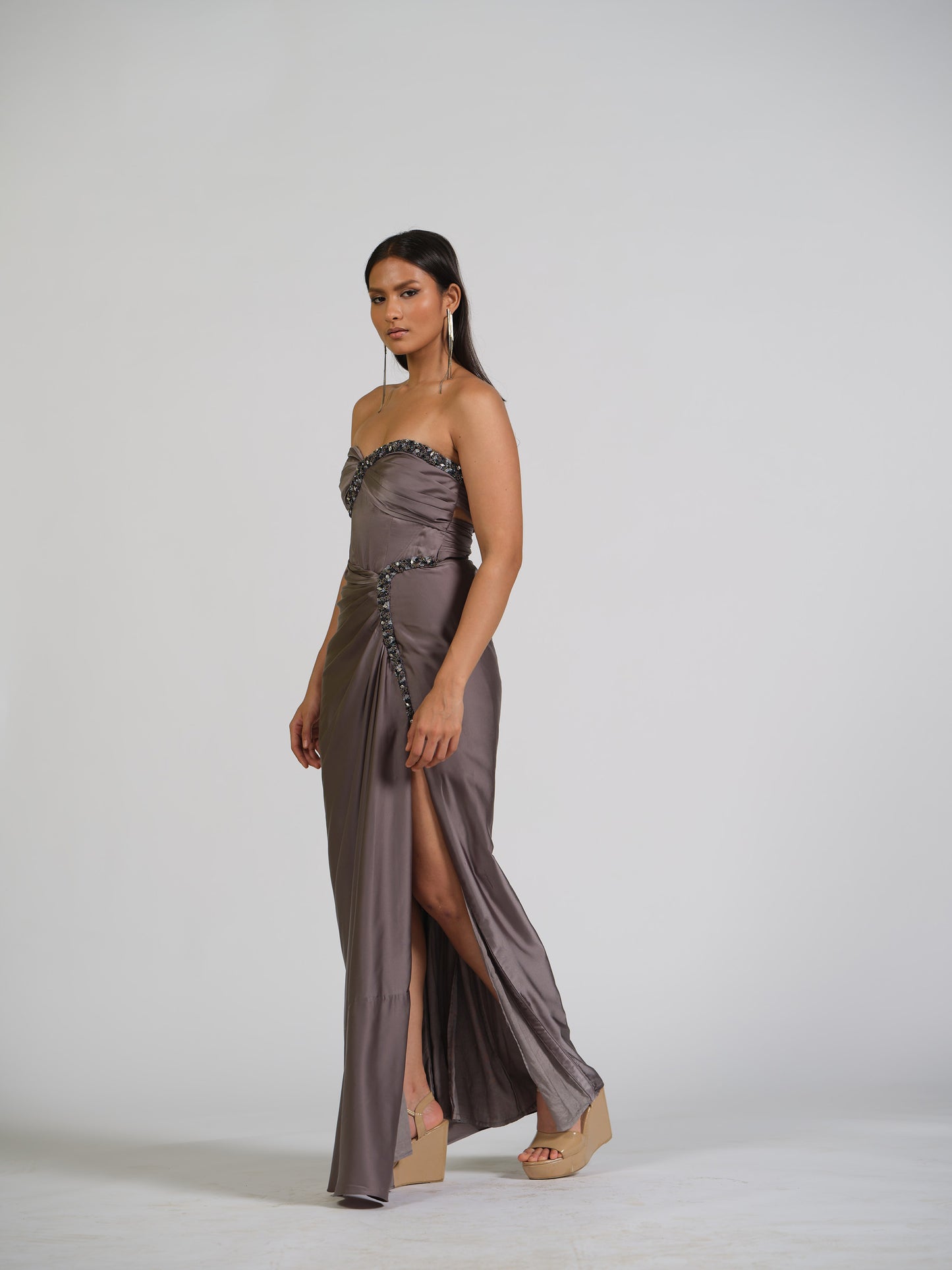 Sasha Corset Tube Crystal Embellished Gown With Side Drape