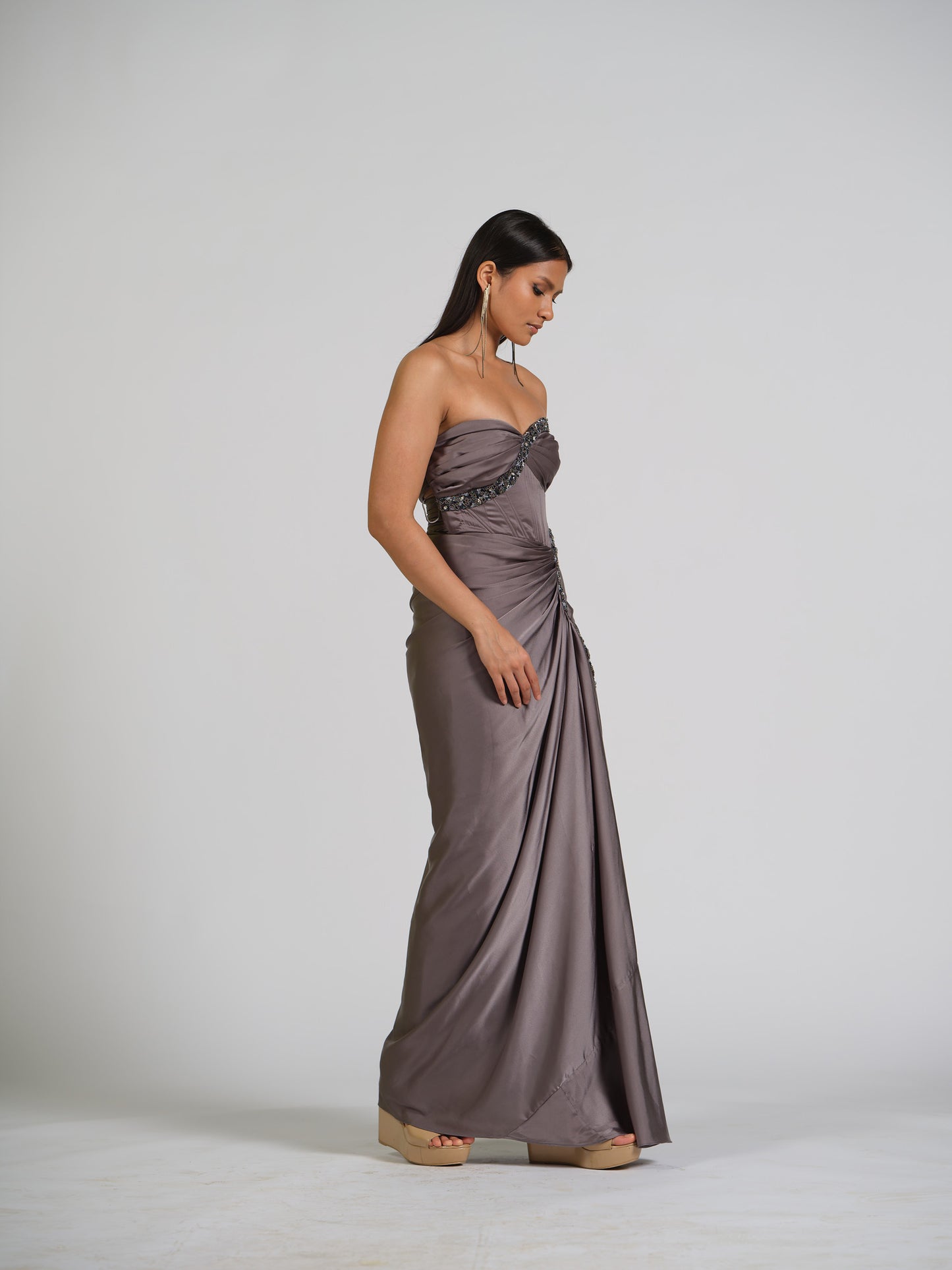 Sasha Corset Tube Crystal Embellished Gown With Side Drape