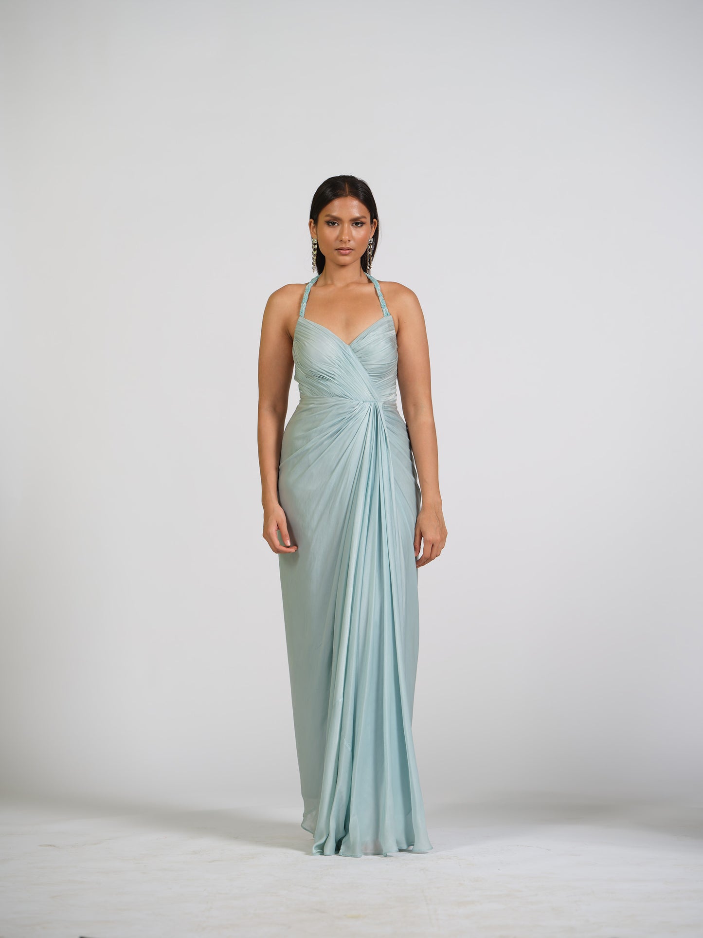 Ice Blue Lure Overlap Drape Gown With Embellished Halter Straps