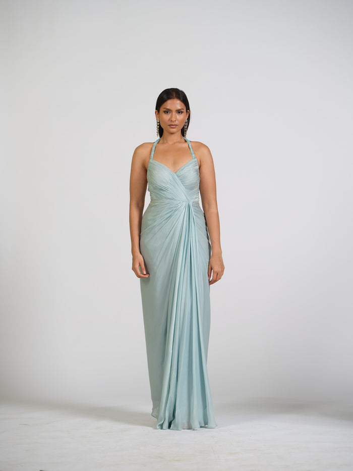 Ice Blue Lure Overlap Drape Gown With Embellished Halter Straps