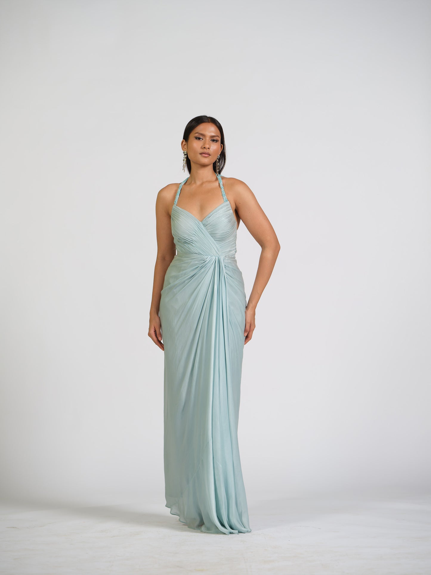 Ice Blue Lure Overlap Drape Gown With Embellished Halter Straps