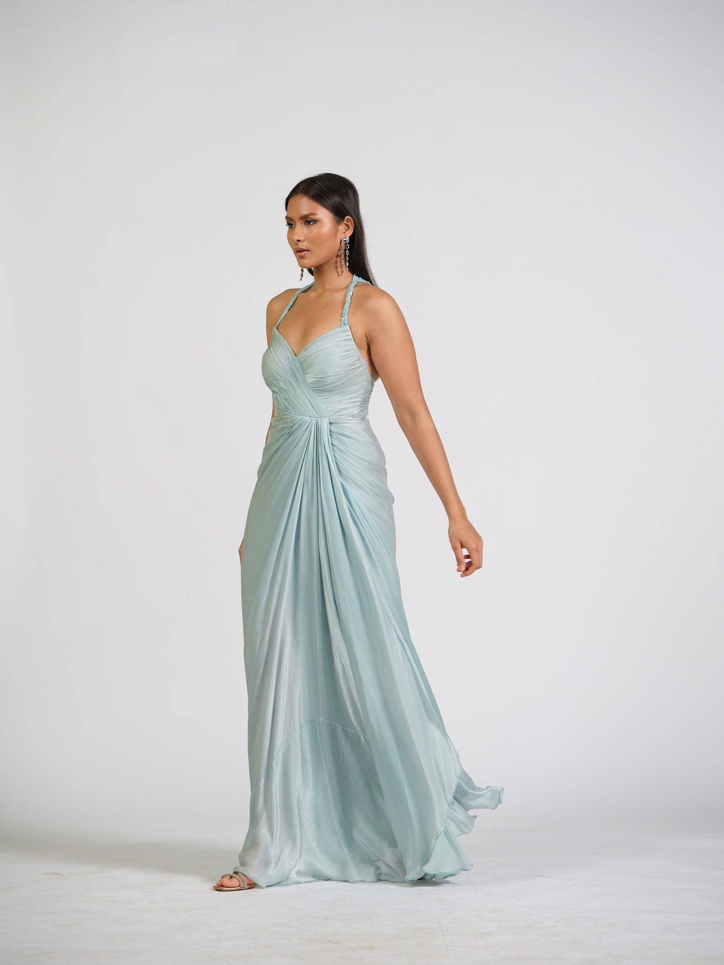 Ice Blue Lure Overlap Drape Gown With Embellished Halter Straps