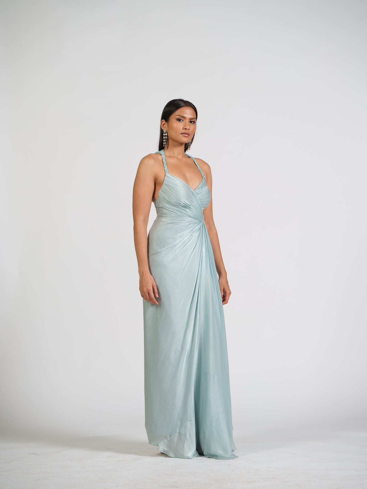 Ice Blue Lure Overlap Drape Gown With Embellished Halter Straps