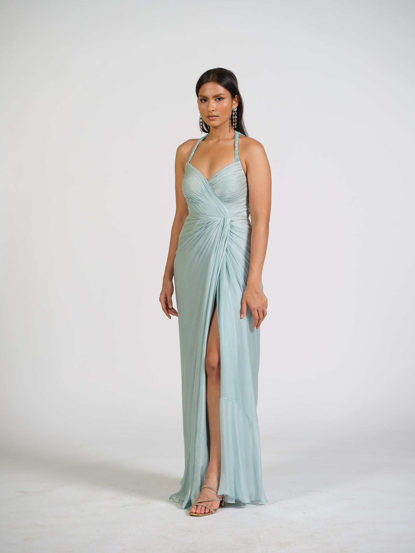 Ice Blue Lure Overlap Drape Gown With Embellished Halter Straps