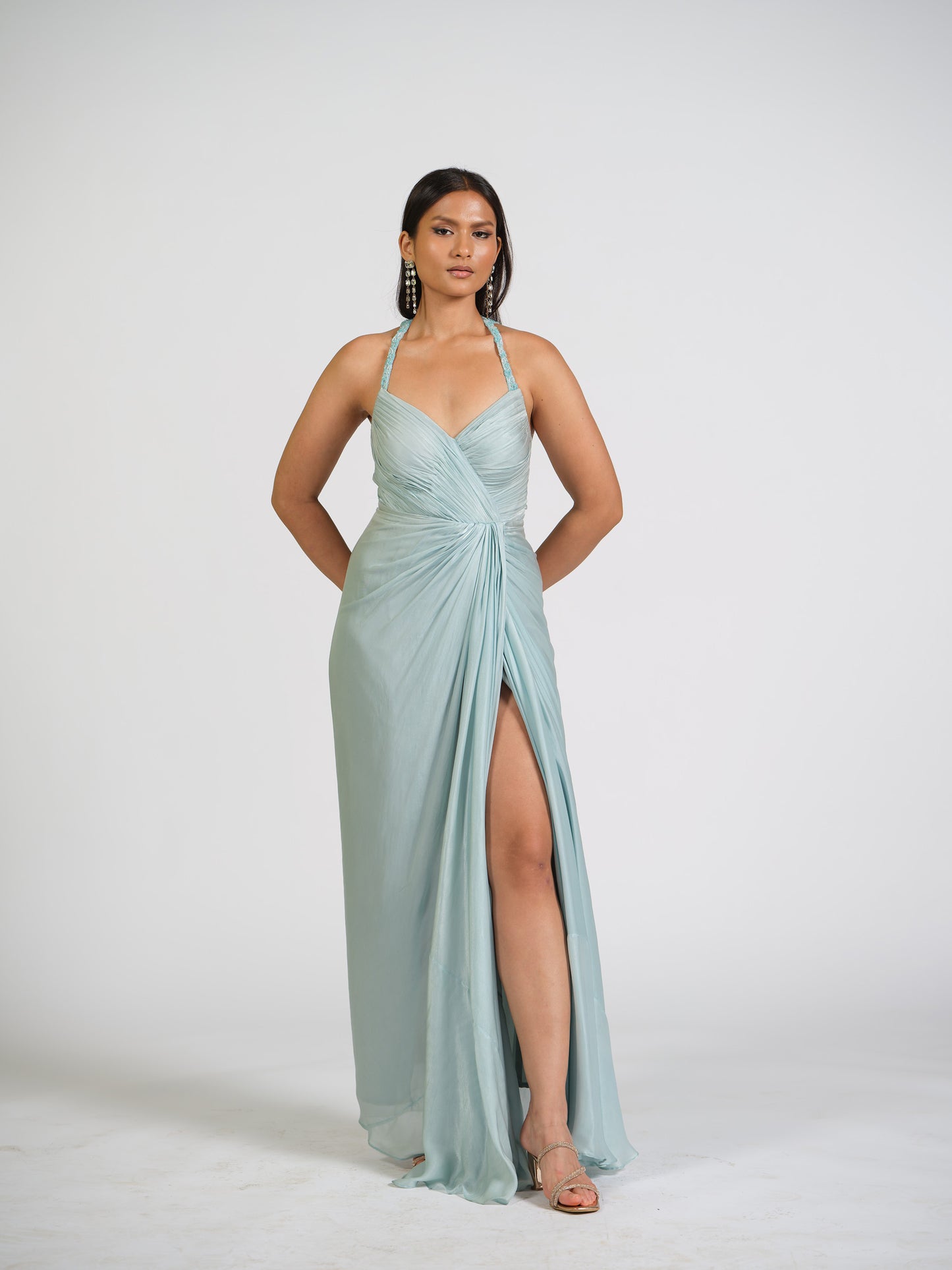Ice Blue Lure Overlap Drape Gown With Embellished Halter Straps