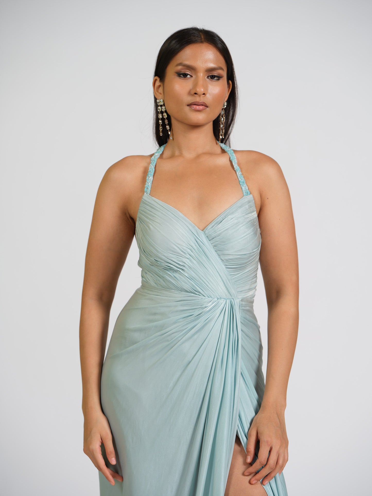 Ice Blue Lure Overlap Drape Gown With Embellished Halter Straps
