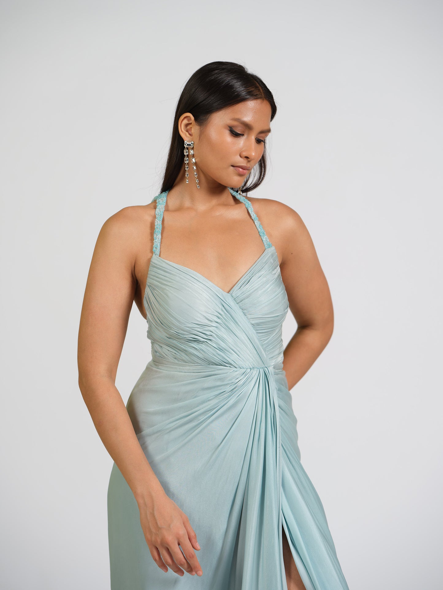 Ice Blue Lure Overlap Drape Gown With Embellished Halter Straps