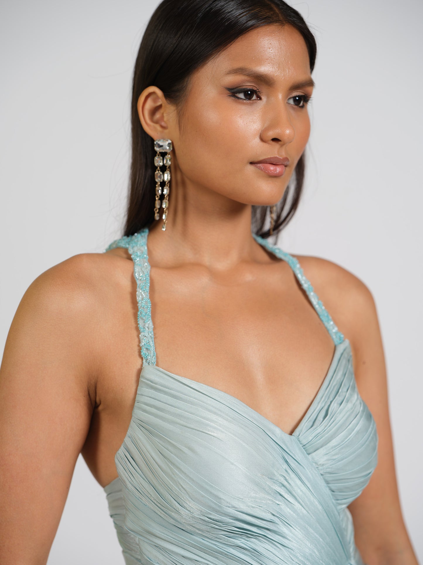 Ice Blue Lure Overlap Drape Gown With Embellished Halter Straps