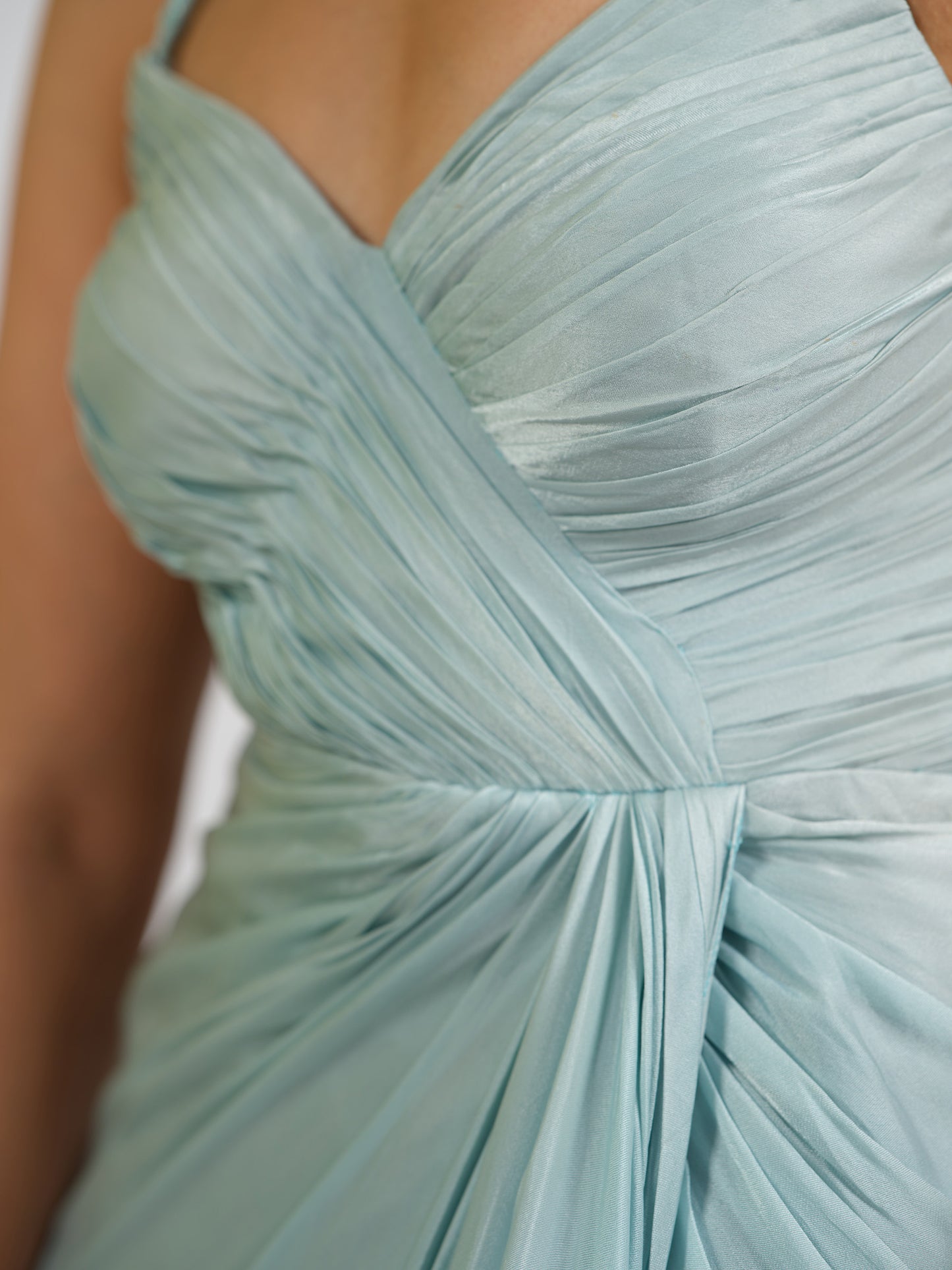 Ice Blue Lure Overlap Drape Gown With Embellished Halter Straps
