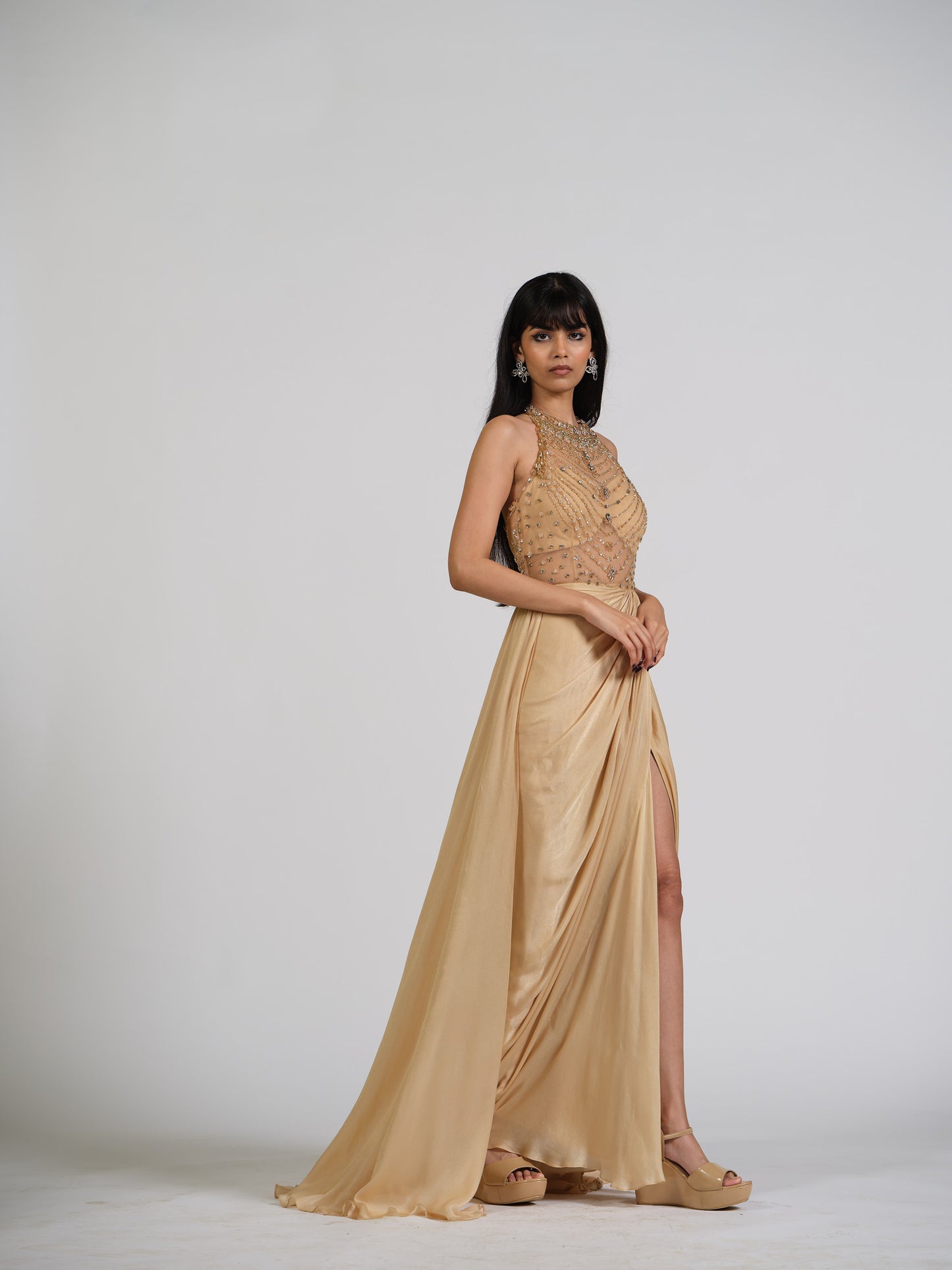 Sharay Gold Stone Embellished Trail Drape Gown