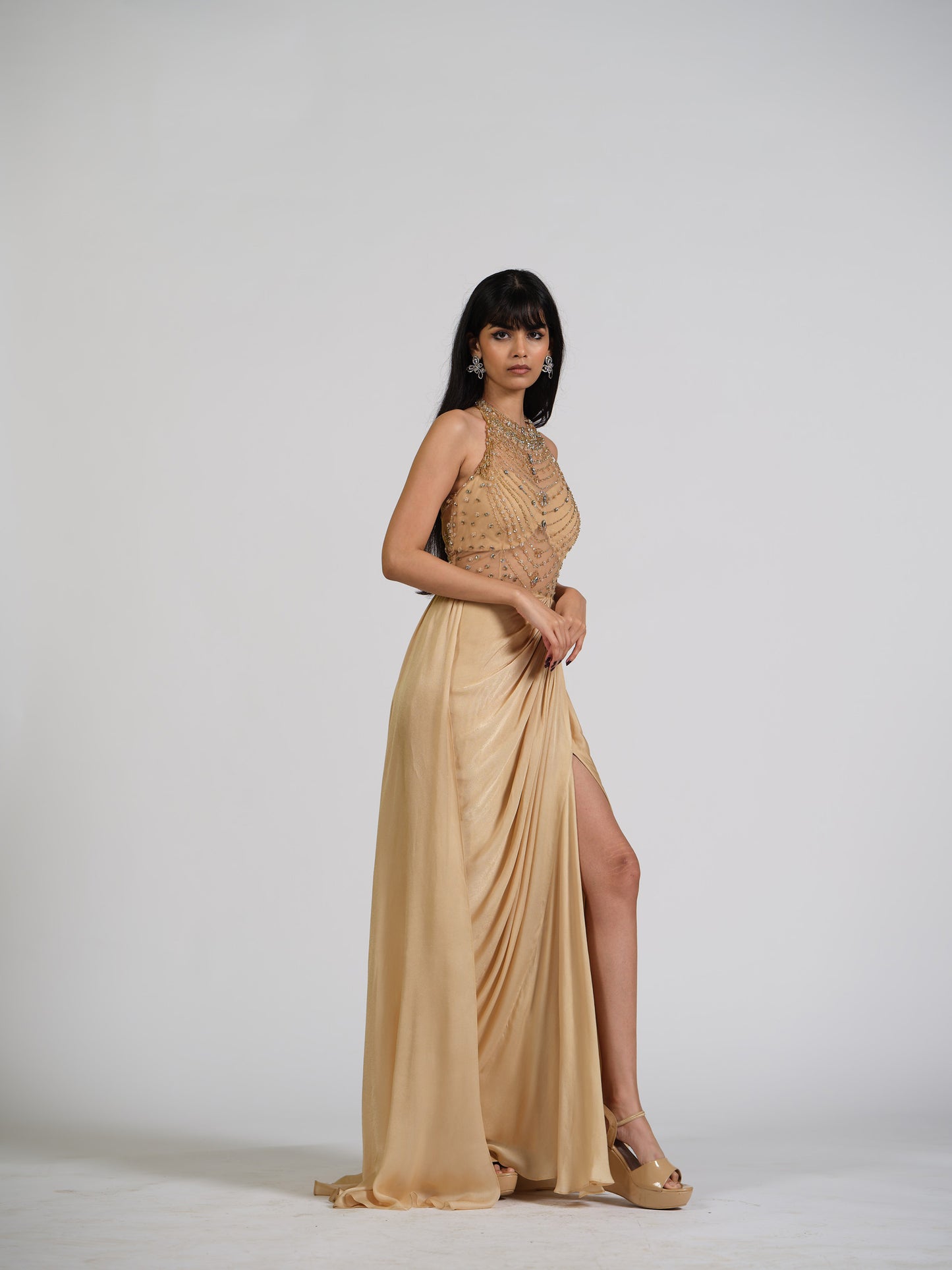 Sharay Gold Stone Embellished Trail Drape Gown