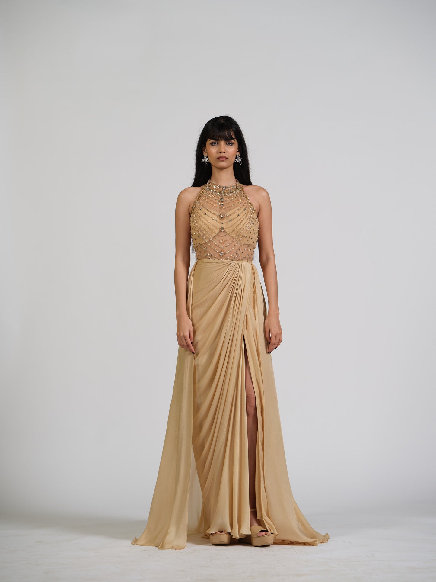 Sharay Gold Stone Embellished Trail Drape Gown