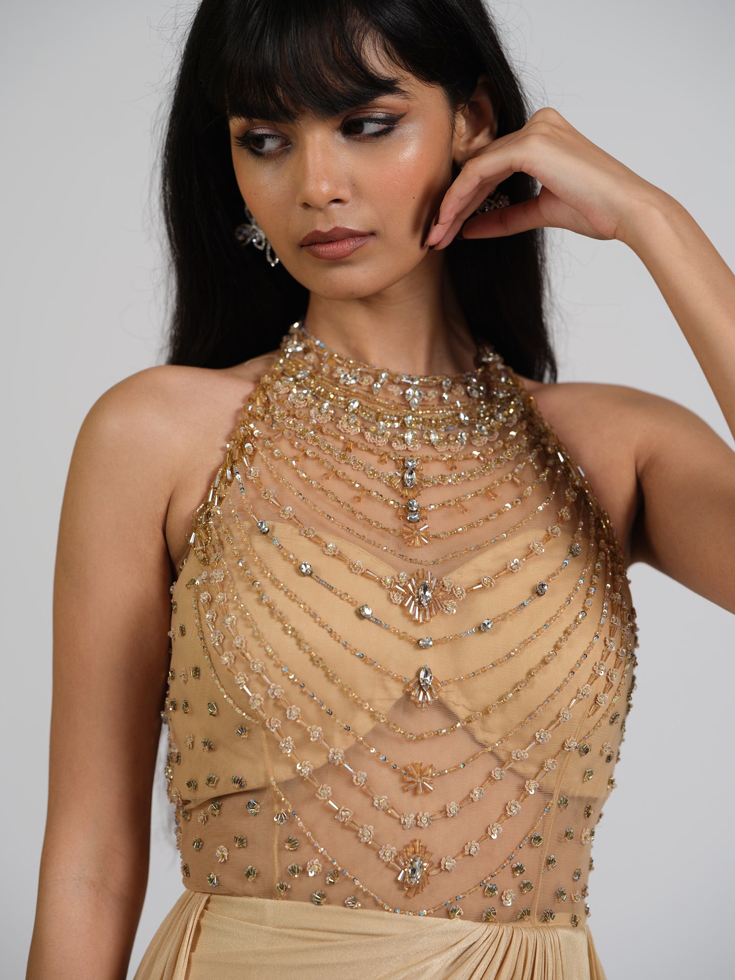 Sharay Gold Stone Embellished Trail Drape Gown