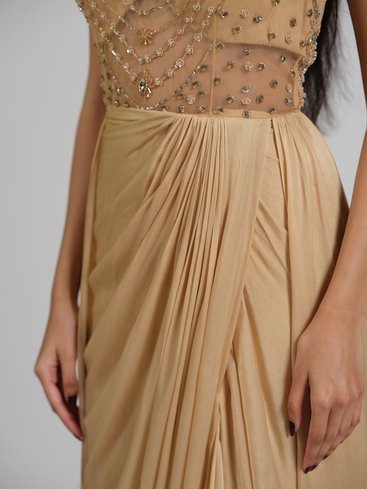 Sharay Gold Stone Embellished Trail Drape Gown