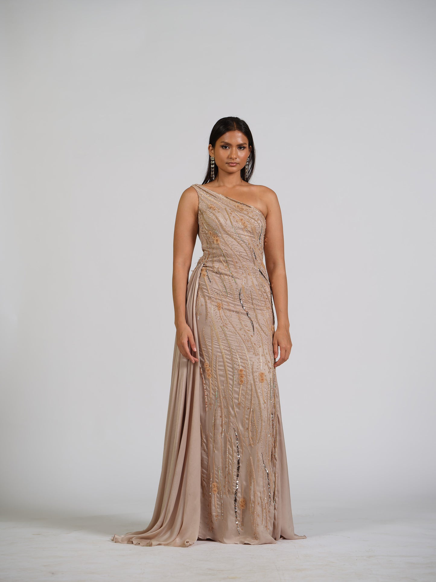 Duchess Nude Fully Embellished Gown With Side Trail With Butterfly Detailing