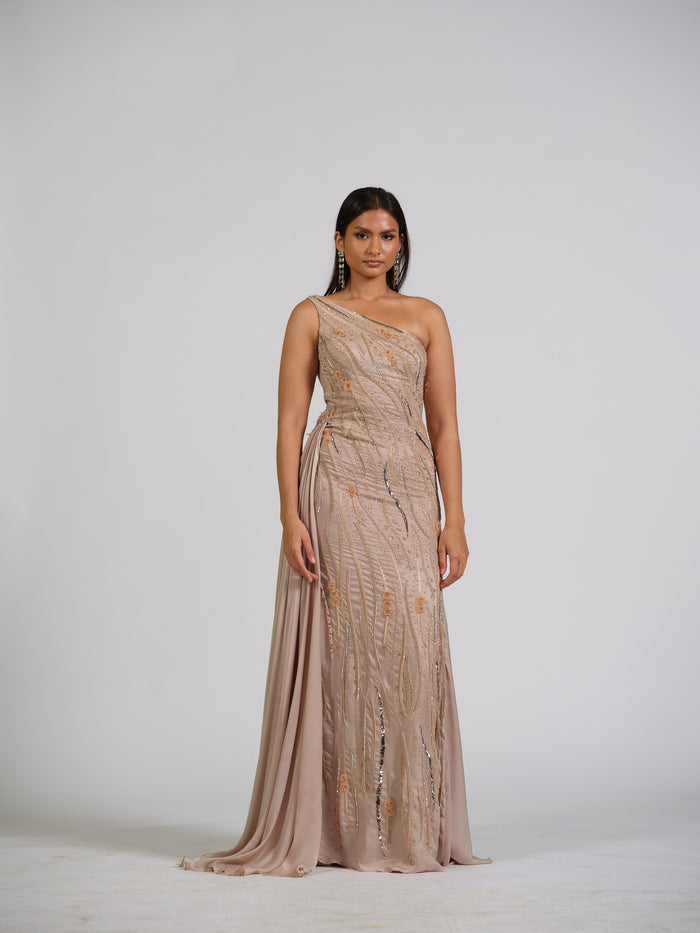 Duchess Nude Fully Embellished Gown With Side Trail With Butterfly Detailing