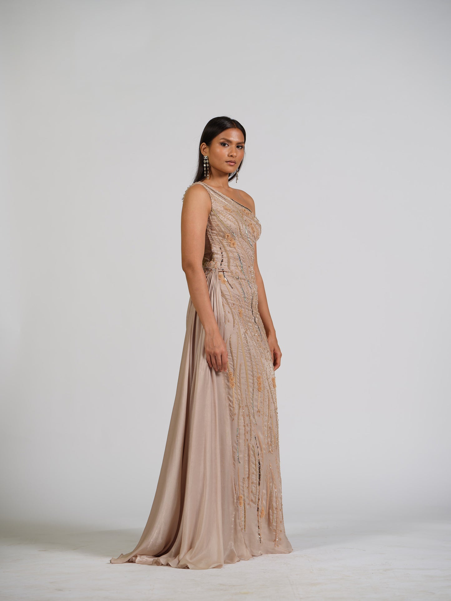 Duchess Nude Fully Embellished Gown With Side Trail With Butterfly Detailing