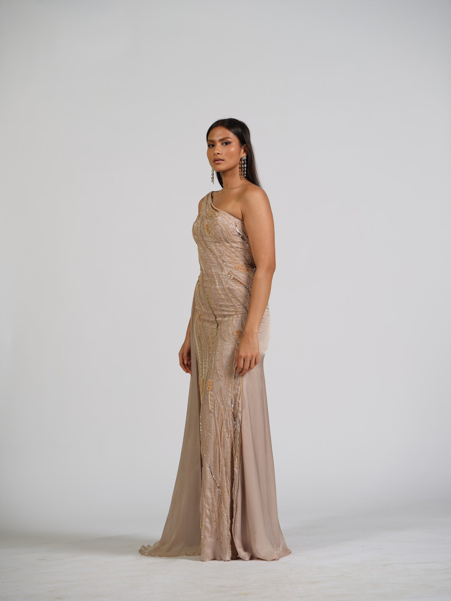 Duchess Nude Fully Embellished Gown With Side Trail With Butterfly Detailing