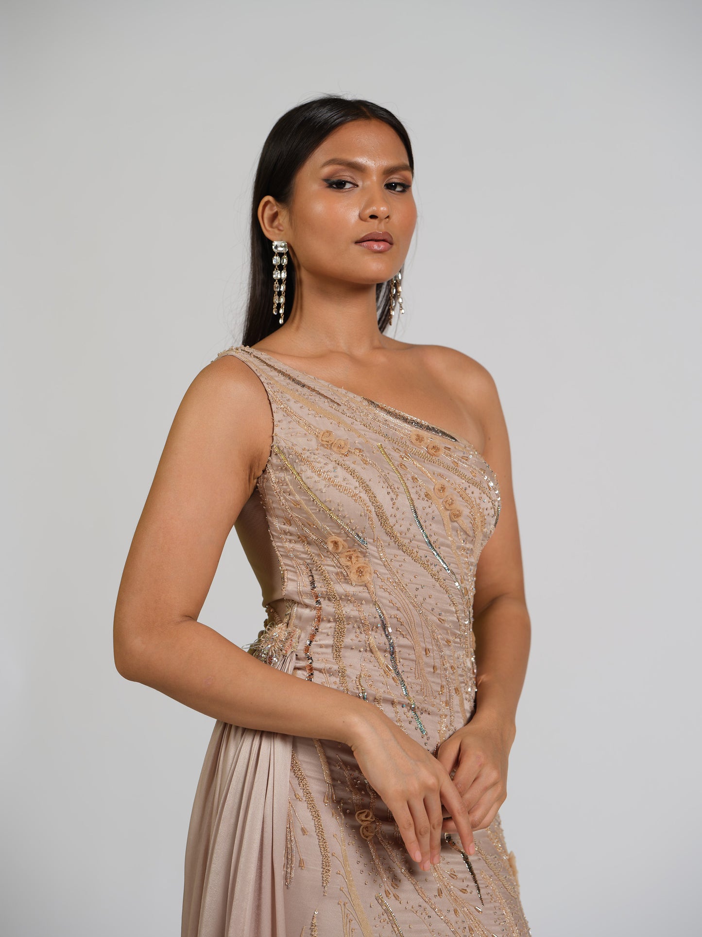 Duchess Nude Fully Embellished Gown With Side Trail With Butterfly Detailing