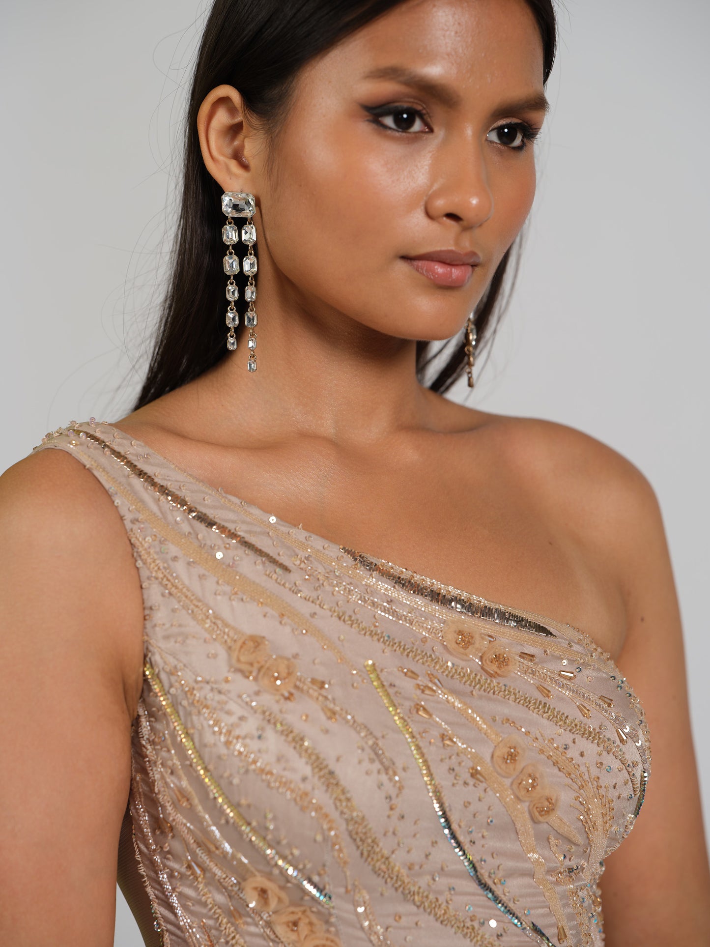 Duchess Nude Fully Embellished Gown With Side Trail With Butterfly Detailing